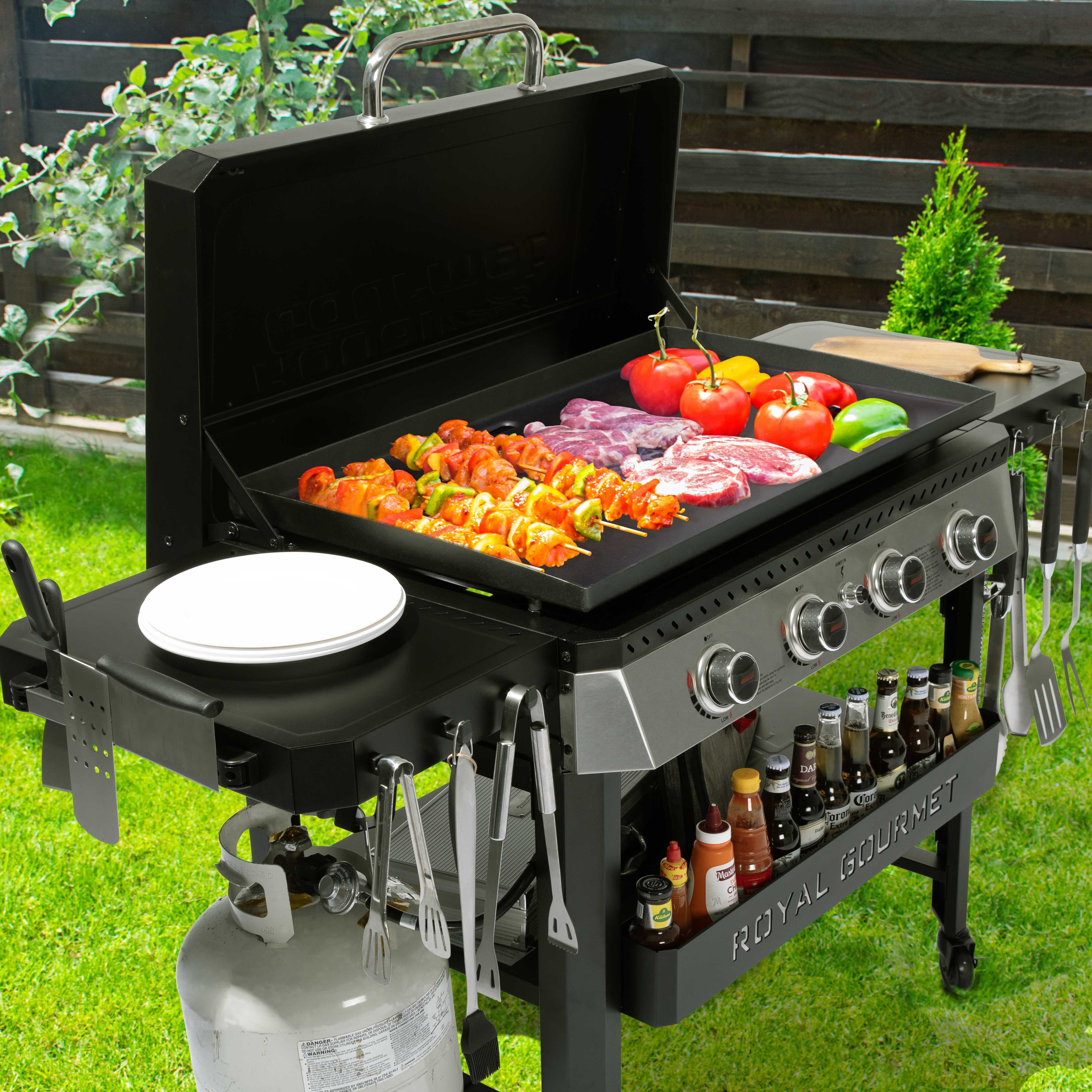 Royal Gourmet GB4007P 34-Inch 4-Burner Propane Gas Griddle with Hood, Griddle with Collapsible Side Shelves and Front Basket