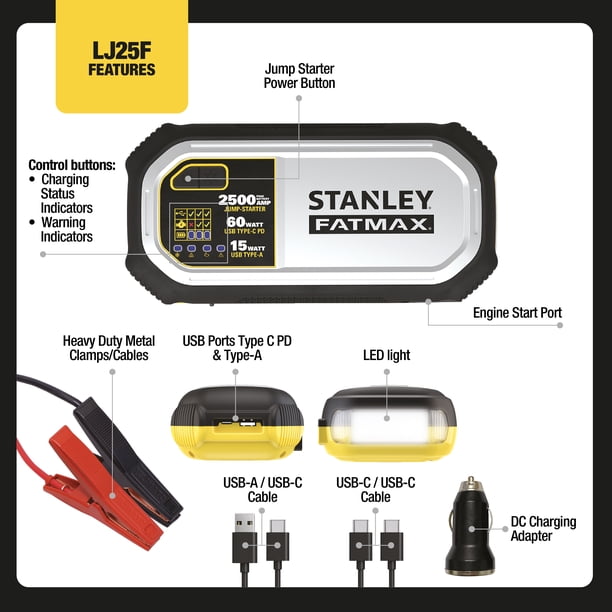 Stanley FatMax 2500A, Lithium Jump Starter With 60W USB Type C-PD
