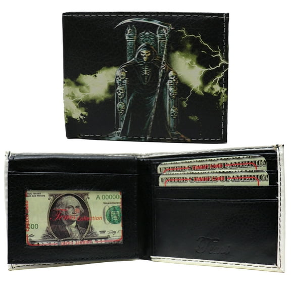 Grim Reaper Death Skull Scythe Leather Bi-Fold Bifold Wallet
