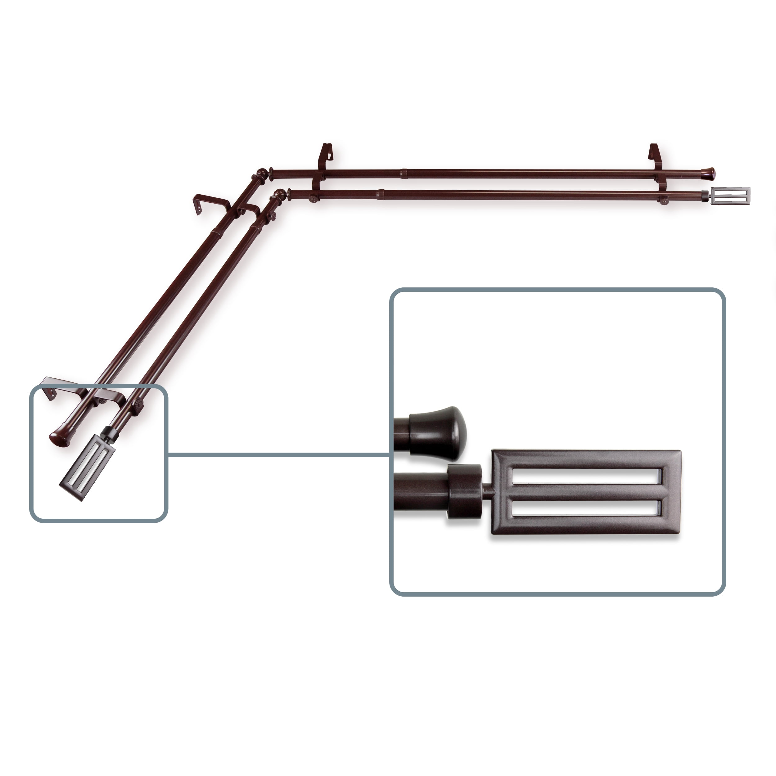 Mabel 13/16 inch Double Corner Window Curtain Rod 120-170" - Cocoa