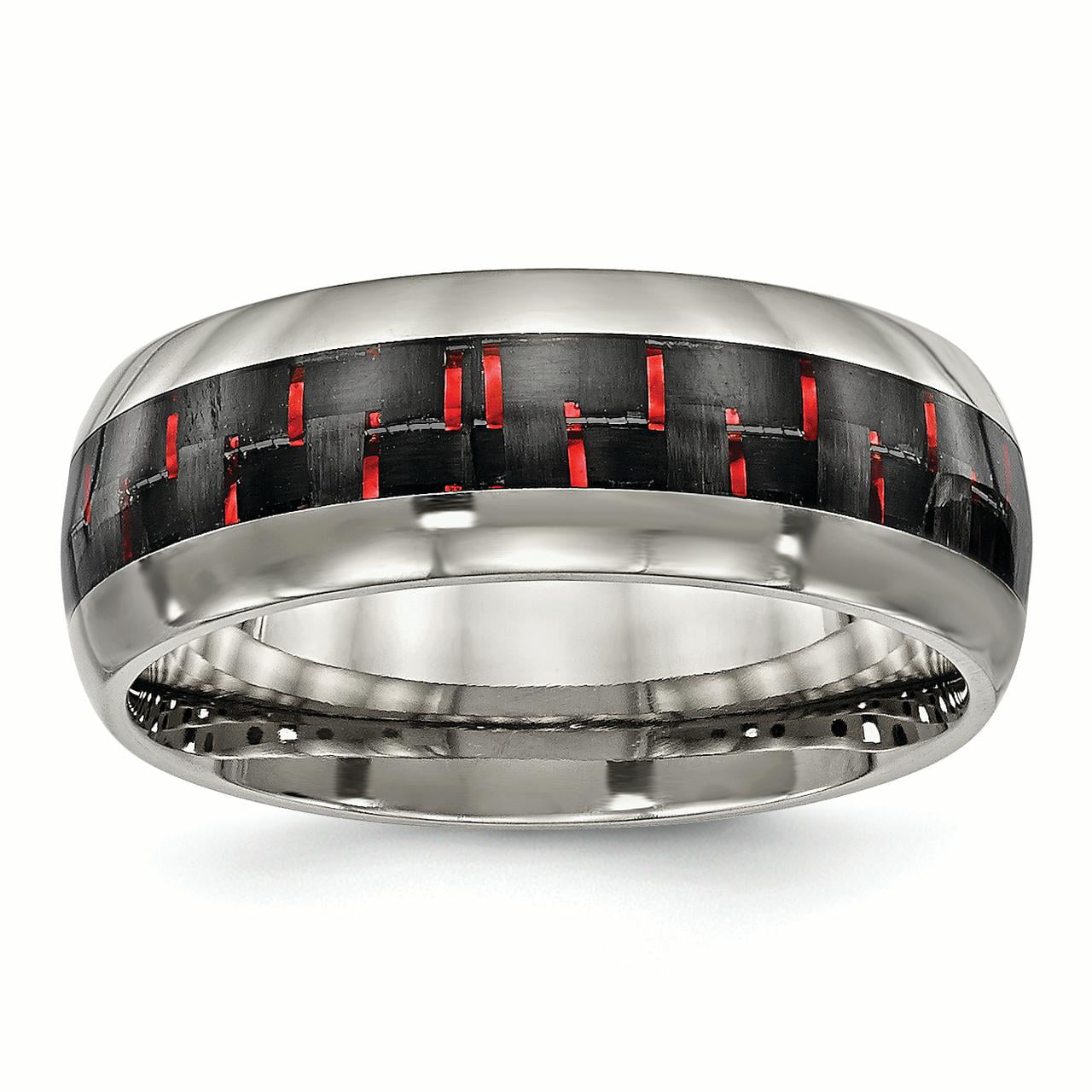 Stainless Steel Polished Red Wood Inlay Enameled 8.00mm Ring Size 9 Length Width 8 