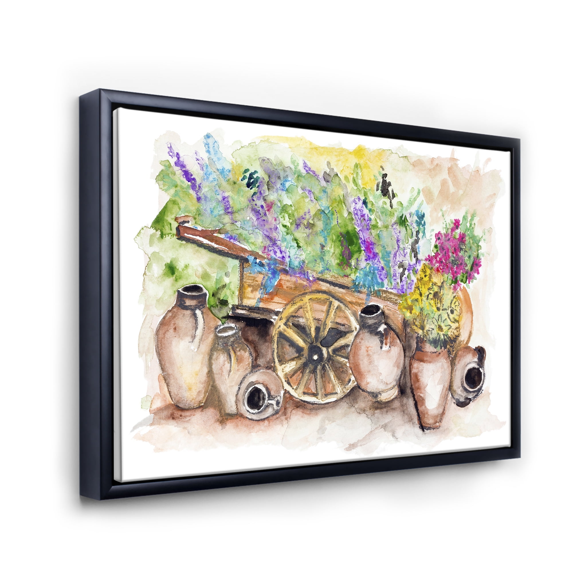 Designart 'Lavender Flowers On Ancient Cart Illustration' Traditional Framed Canvas Wall Art Print