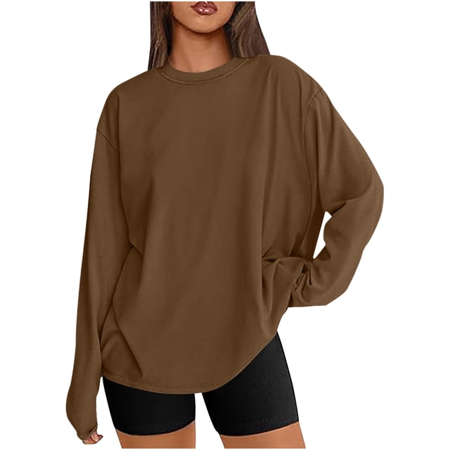T-shirts Surdimensionnés pour Femmes Manches Longues Col Rond Chemise Décontractée Ample Tunique Couleur Unie Automne Basiques