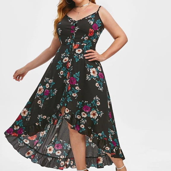 SDJMa Women's Summer Floral Print Dress Women Sexy Plus Size V-Neck Buttons Printing Sleeveless Casual Sling Dresses