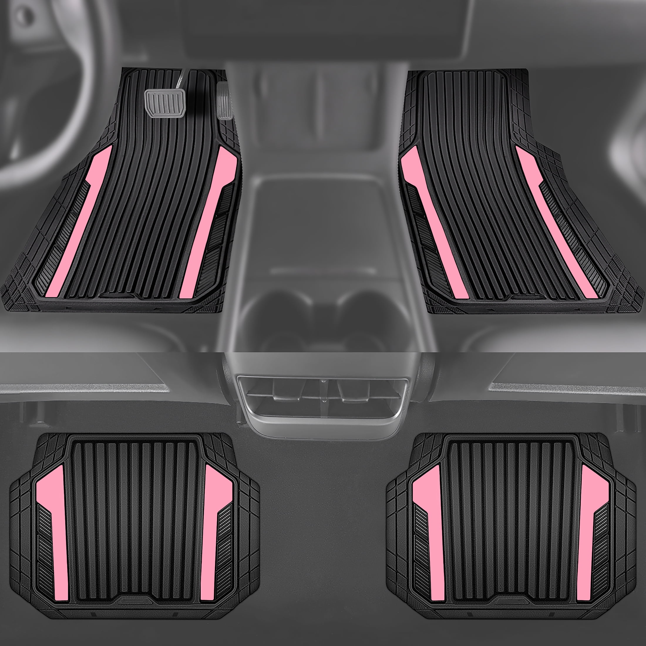Auto Drive 4-Piece Black & Pink Heavy Duty Rubber Car Floor Mats, All Weather Universal Trim-to Fit for Car, SUV and Truck Mats