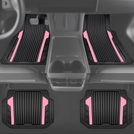 AUTO DRIVE 4-PIECE BLACK & PINK HEAVY DUTY RUBBER CAR FLOOR MATS, ALL WEATHER UNIVERSAL TRIM-TO FIT FOR CAR, SUV AND TRUCK MATS