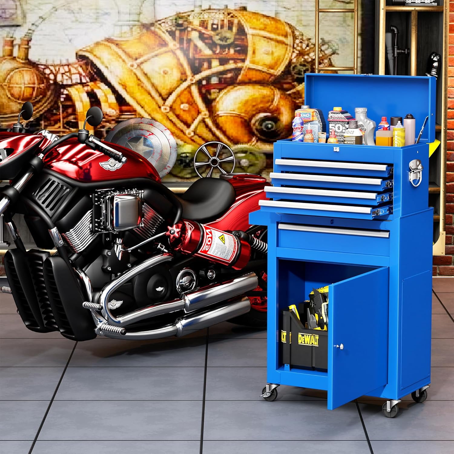 SUNCROWN 5-Drawer Rolling Tool Chest, Storage Cabinet with Detachable Top Tool Box, Tool Chest with Universal Lockable Wheels, Metal Tool Cart for, Workshop, Barbershop（Blue）