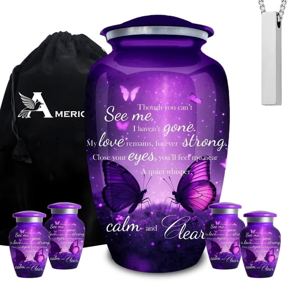 AmericUrn Purple Butterfly Urns for Human Ashes – Adult Female Memorial Set Of 6 with 1 Large Urn, 4 Keepsake Urns & Necklace Urn