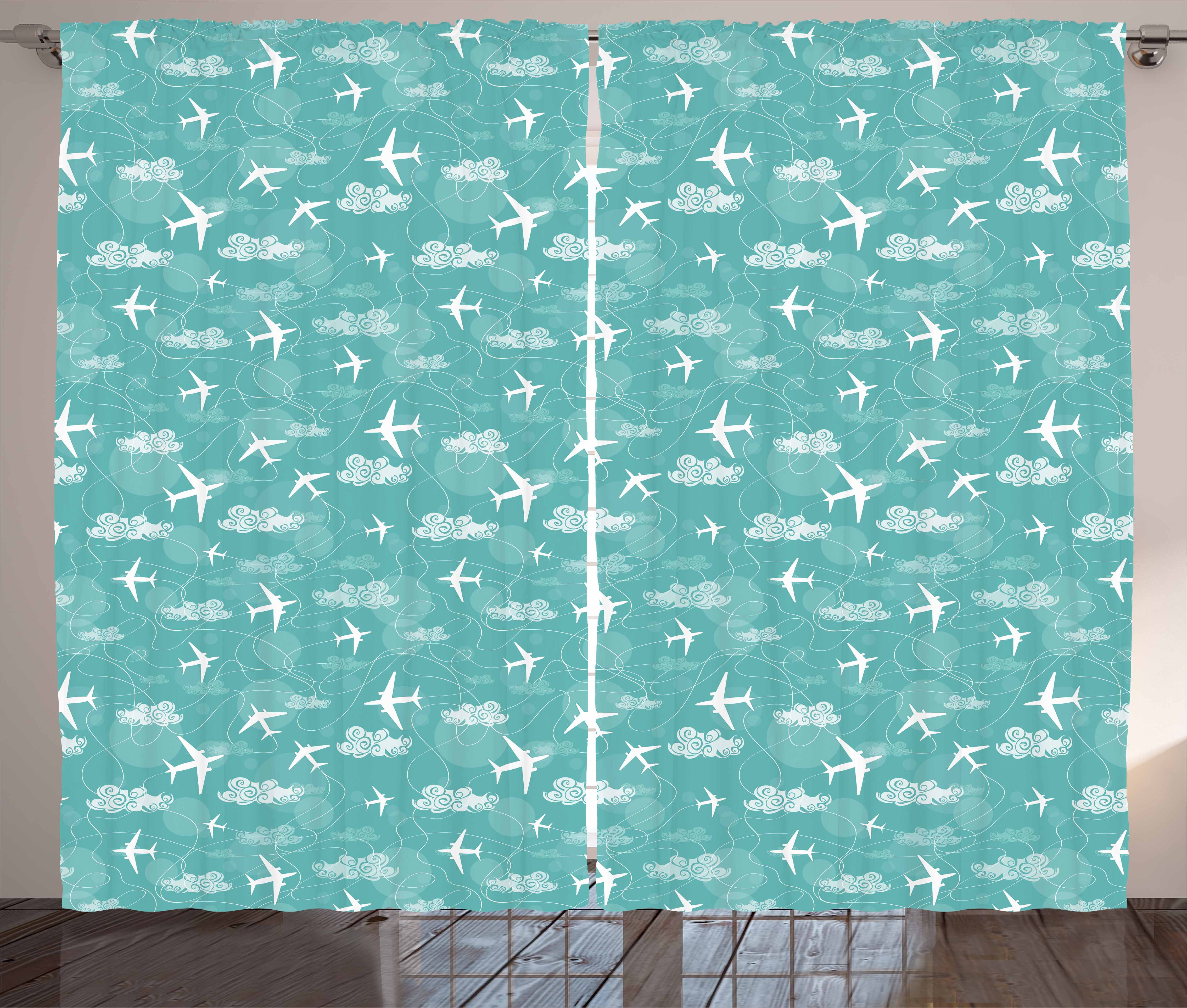 Airplane Curtains 2 Panels Set, Disoriented Flying Jets in Clear Sky