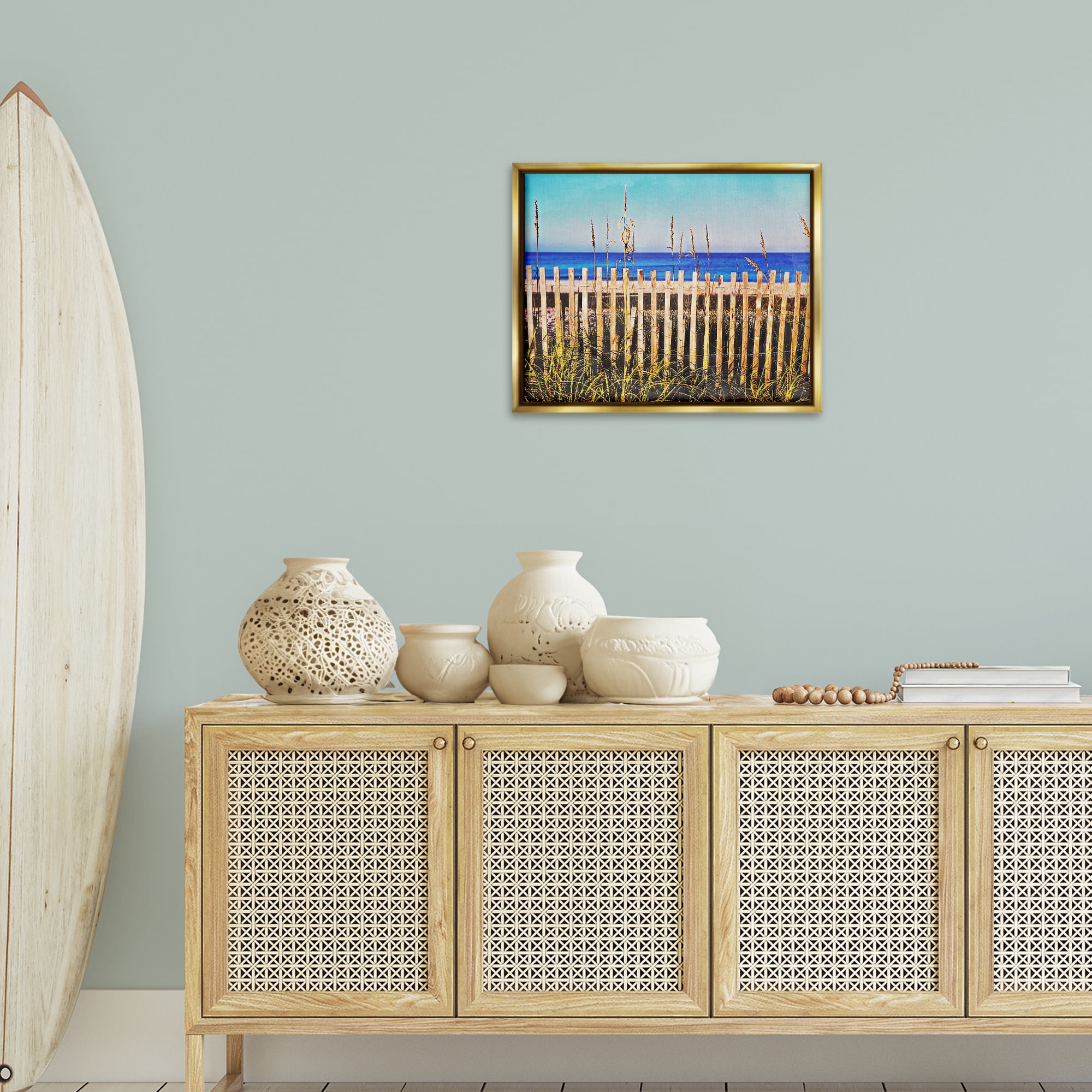 Stupell Industries Florida Fenced Beach Nautical & Beach Painting Gold Floater Framed Canvas Art Print Wall Art, 21 x 17