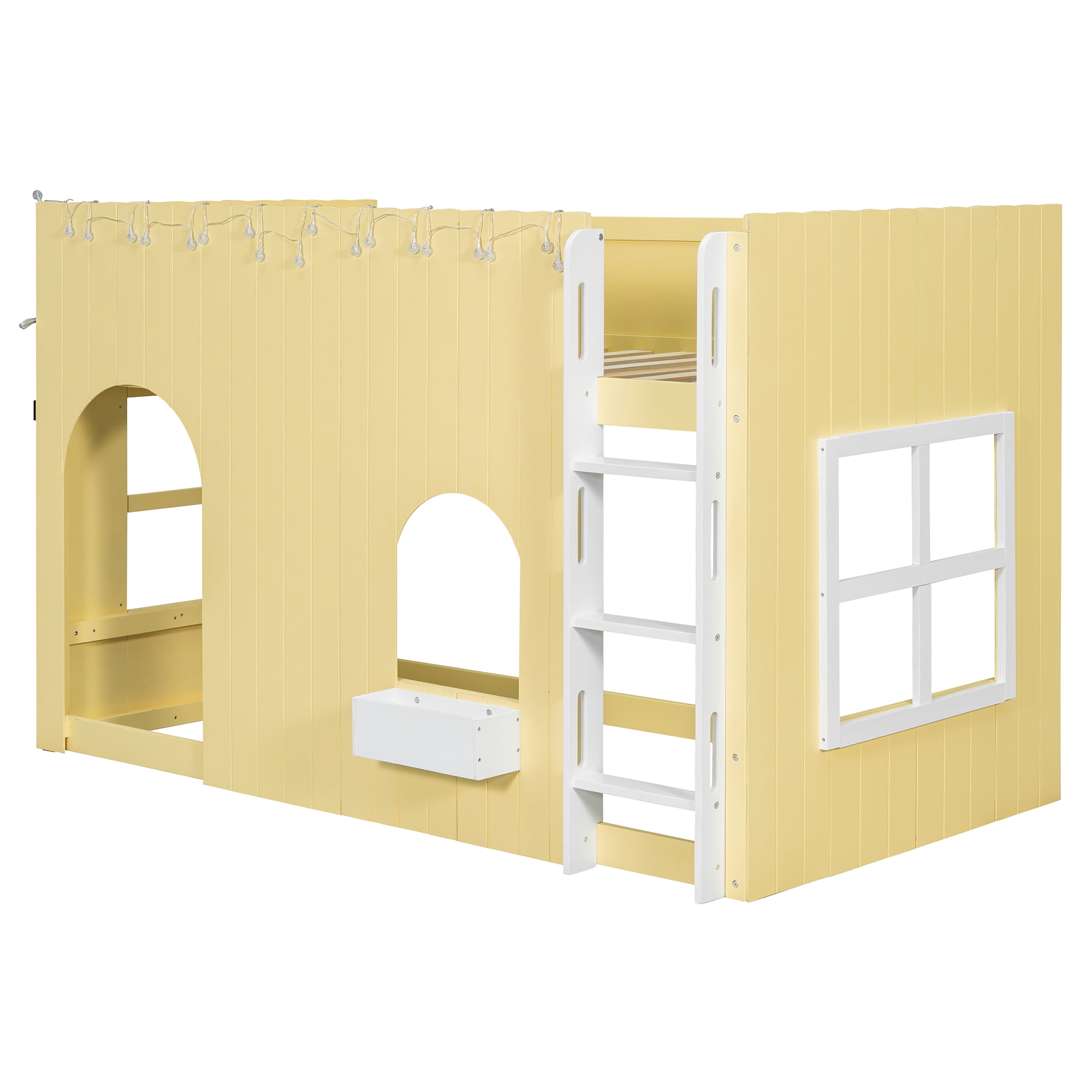 Mintazer Twin House Loft Bed with LED Lights, Kids Playhouse Bed with Ladder, Yellow