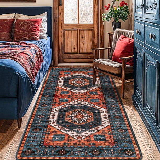 Sonoro Kate Alfombras de 2,5x8 para Salón Recámara, Alfombra Interior Boho Antideslizante Lavable a Máquina, Rojo-azul
