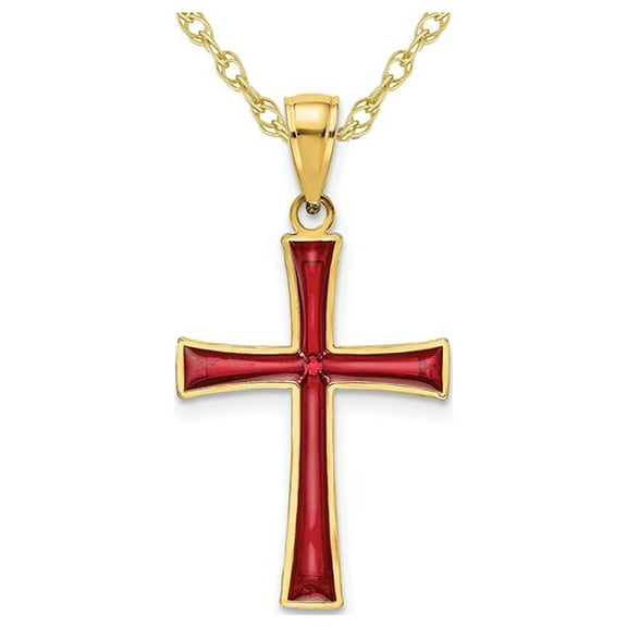 Gem & Harmony 14K Yellow Gold Cross Pendant Necklace with Red Enamel and Chain for Women
