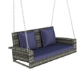 thumbnail image 5 of 2-Person Wicker Hanging Porch Swing,Front Porch Swing Outdoor Chair with Cushions 550lbs Weight Capacity,Pillow,Rattan Swing Bench for Garden, Backyard, Pond(Gray Wicker, Blue Cushion), 5 of 9