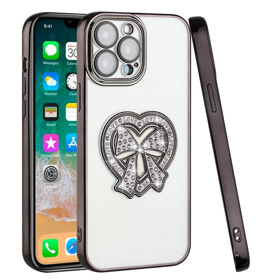 For Apple iPhone 14 Pro (6.1") Fashion 3D BowKnot Heart Bling Diamond Transparent Glitter Chrome Hard PC Hybrid Cover ,Xpm Phone Case [ Black ]
