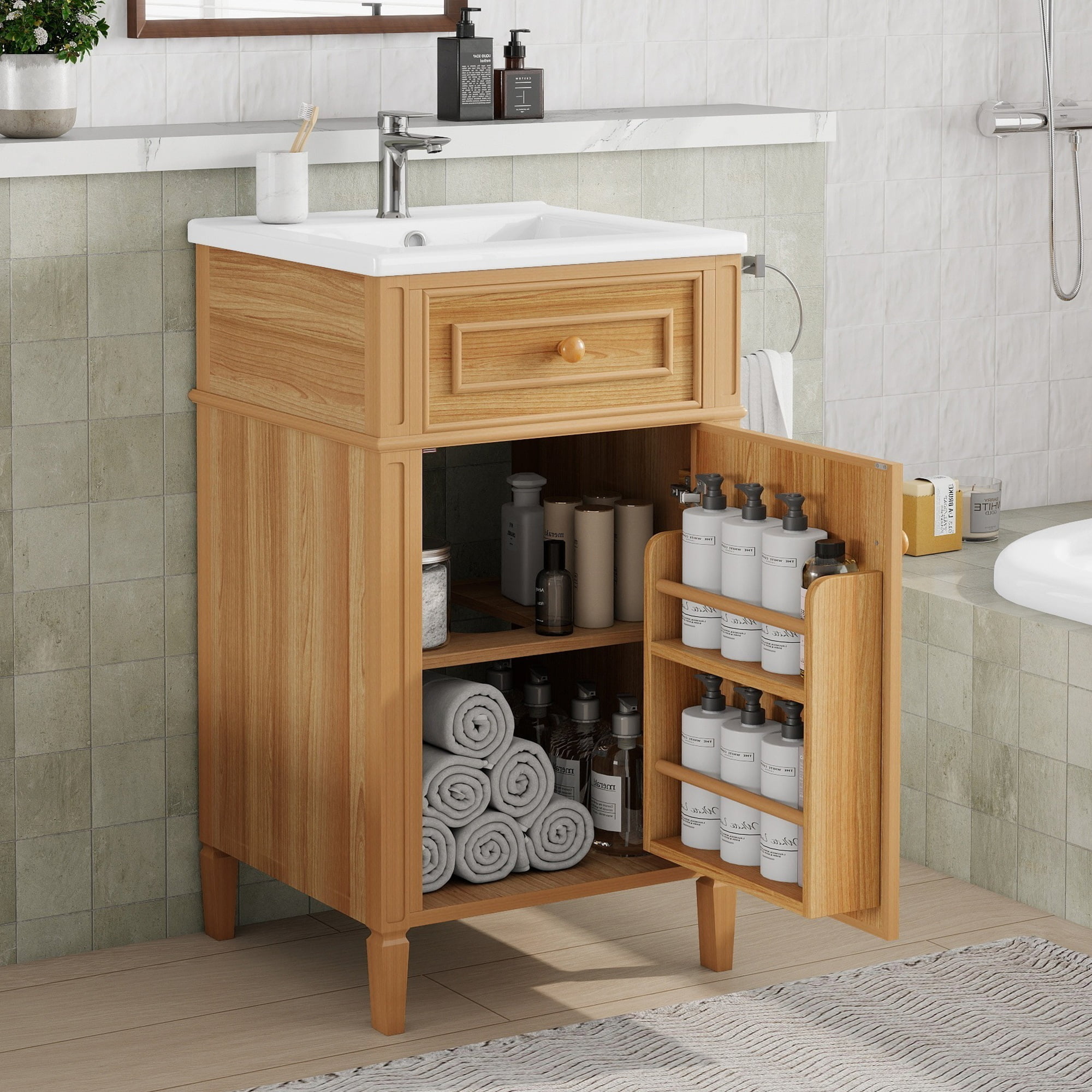Euroco 20-Inch Wood Bathroom Vanity with Sink, Solid Wood Legs, Adjustable Shelf, Tilt-Out Drawer, Wood Knobs, Modern Freestanding Cabinet for Small Bathroom