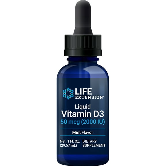 Life Extension Liquid Vitamin D3, 50 mcg (2000 IU) - Bone health, immune health, heart health - Gluten-Free, Non-GMO, Mint, Net . 1 fl. Oz. (29.57 mL)