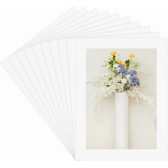 10 Sets 13.7x10.4in Picture Frame Mats Paper White Photo Core Bevel Pre-Cut Mat Board with Plastic Cover 11x8in Pictures Display Show Kit
