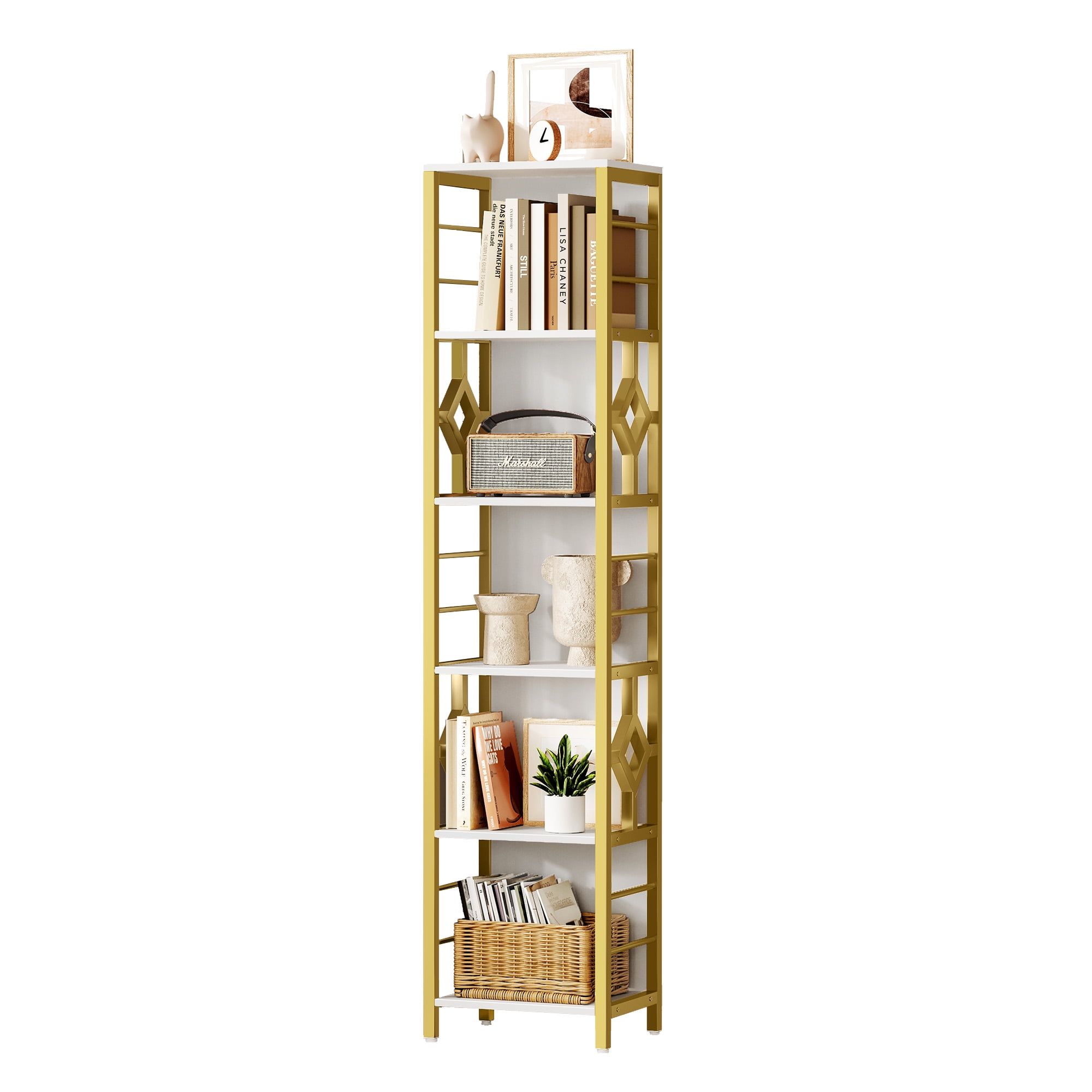Dextrus 5-Tier White & Gold Bookshelf, Tall Narrow Bookcase with Metal Frame, Open Storage Display Rack Etagere Shelves for Living Room, Home Office
