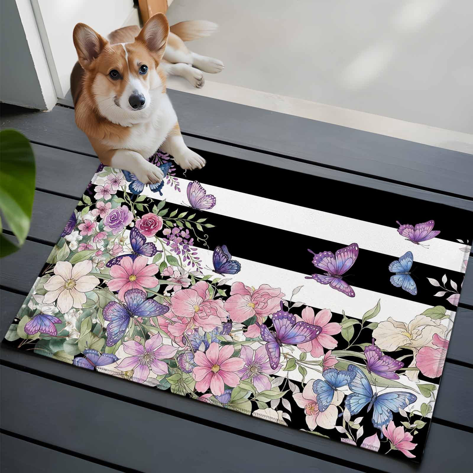 Pink Flowers Entryway Rug 2'x3'&nbsp; Non Slip Front Door Mats, Spring Floral Watercolor Botanical Farmhouse Striped Entrance Rugs Indoor Outdoor Carpet, Floor Mats Small Area Rug for Bedroom Kitchen