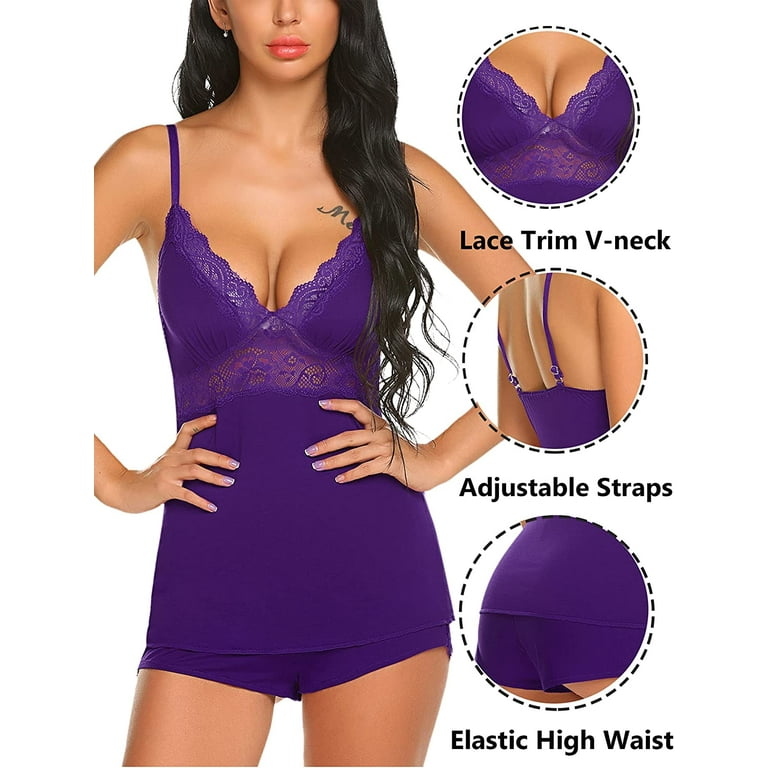 Women's Sexy Pajamas Solid Contrast Lace Cami Nightdress Dress Pajamas  (Color : Mauve Purple, Size : Large)