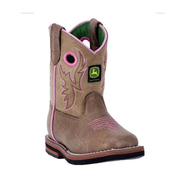 John Deere Western Boots Girls Kids Broad Toe Leather Brown JD1021