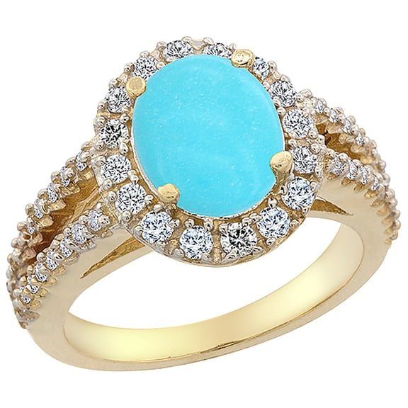 14K Yellow Gold Natural Diamond Sleeping Beauty Turquoise Engagement Ring Oval 10x8mm, size 6.5