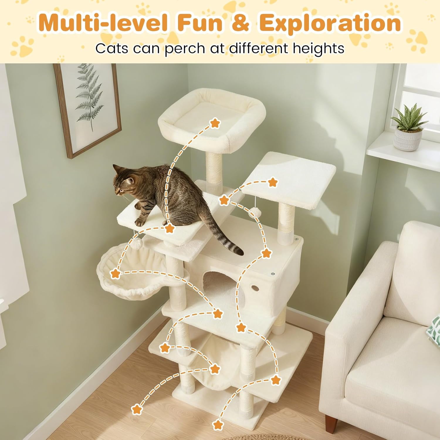LEHOME Tall Cat Tree, 63 Inch Large Cat Tower with Sisal Scratching Posts, Plush Top Perch, Condo, Hammock, Basket Bed, Dangling Balls & Jumping Platforms for Indoor Cats Large Adult (Beige)