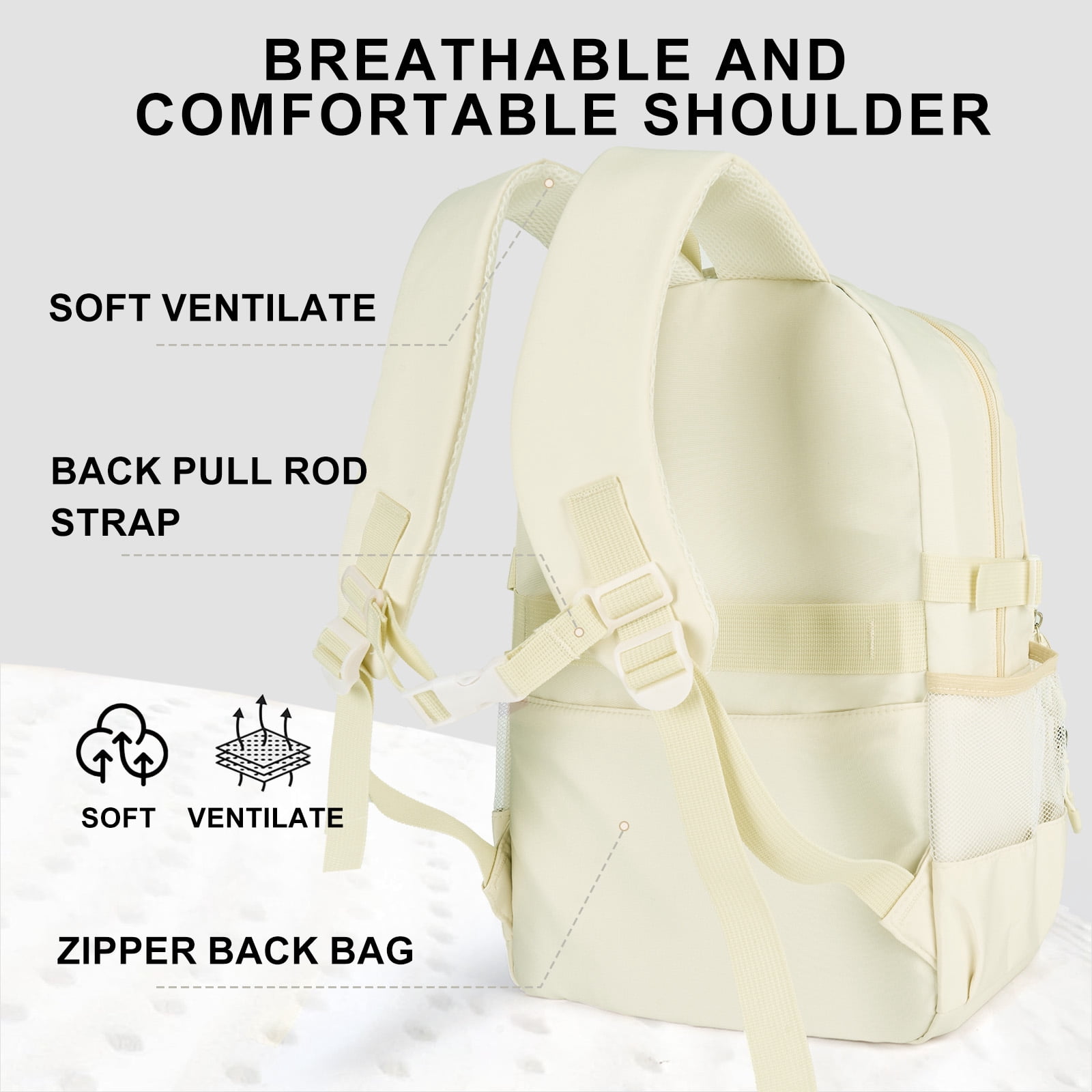 DAKIMOE School Backpack High School Bookbag Durable Large Capacity Lightweight Daypack for College Students Travel Daypack, Beige