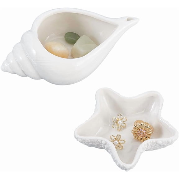 2pcs 2 Styles Ceramic Conch Shell Jewelry Tray Starfish Trinket Dish White Jewelry Holder Ocean Themed Decorative Plate DIY