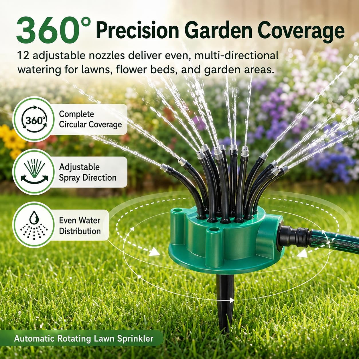 360° Coverage Precision Garden Irrigation Sprinkler with Heavy-Duty Spike Base, Automatic Rotating Lawn Sprinkler, for Yard, Lawn Sprinkler