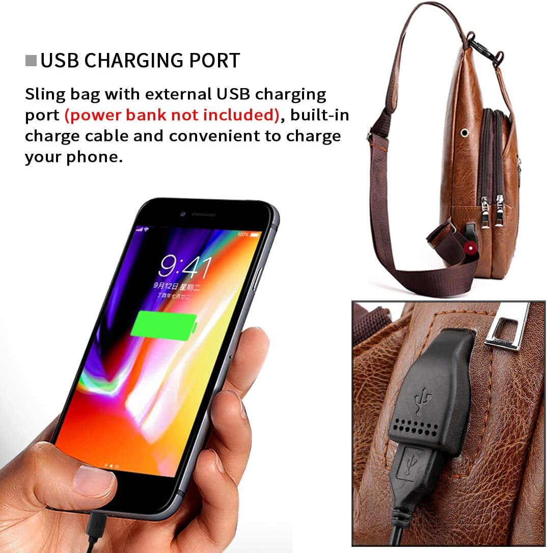 Men Sling Bag Anti Theft Shoulder Bag Small Leather Crossbody Sling Backpack with USB Charge Port