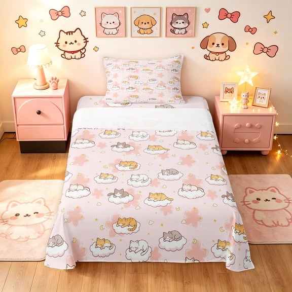 Manfei Funny Pet Twin Sheets, Kawaii Slepping Cat Bedding, Pink, 3pcs, 1 Flat Sheet, 1 Fitted Sheet and 1 Pillowcase