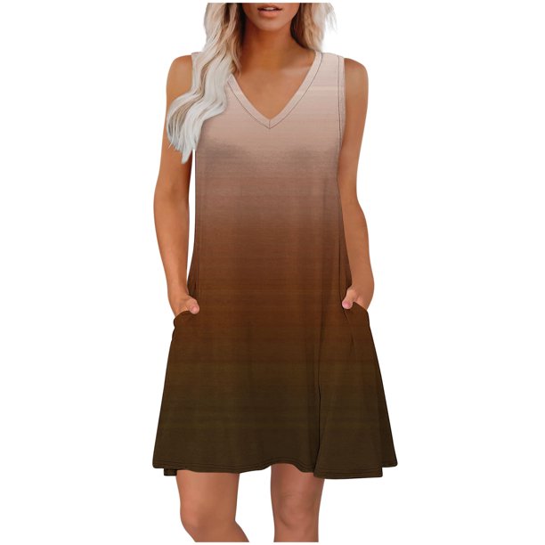 Vestido Corto para Mujeres Verano sin Mangas Cuello en V, Impresión de Moda con Bolsillos, Poliéster de Algodón Casual