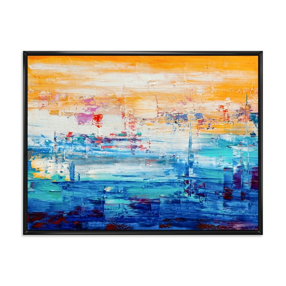 Blue Meet Orange Abstract 20 in x 12 in Framed Painting Canvas Art Print, by Designart