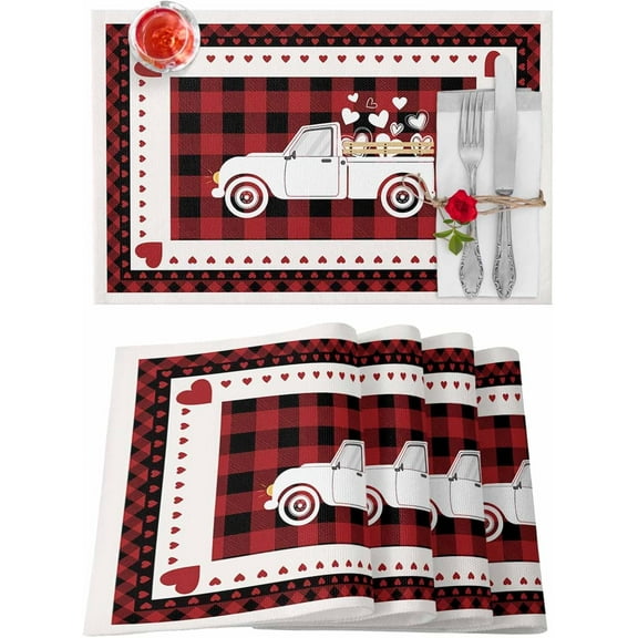 Valentines Placemats Truck with Heart Valentines Day Place Mats for Dining Room Red Buffalo Check Plaid Heart Shape Design Washable Table Mats for Kitchen Dining Decorations Set of 4