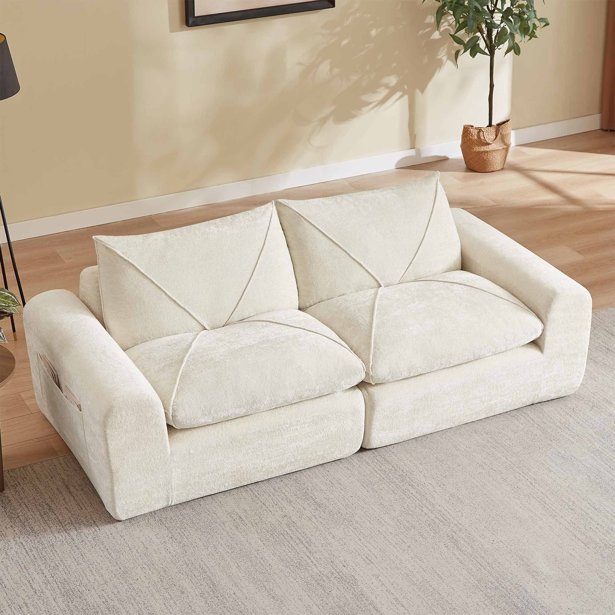 Lunale Small Boneless Cloud Sofa, Modern 2-Seater Chenille Couch with Side Pockets for Living Room, Apartment, Beige