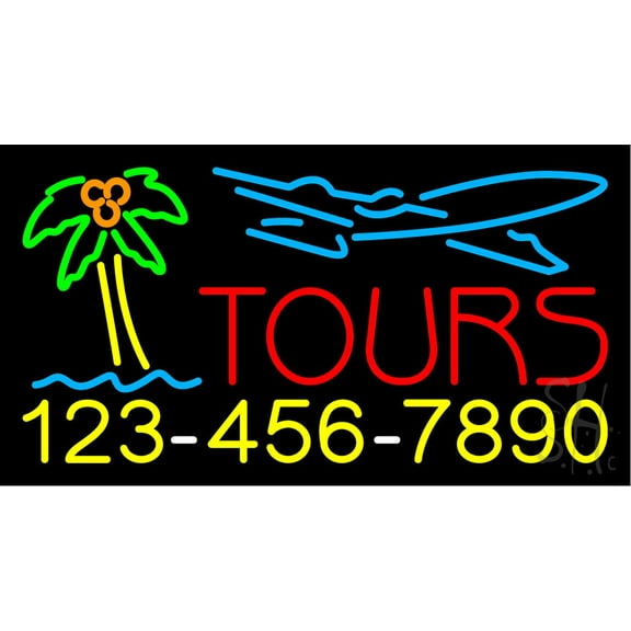 Tours with Phone Number LED Neon Sign 20 x 37 - inches, Black Square Cut Acrylic Backing, with Dimmer - Bright and Premium built indoor LED Neon Sign for Décor, Travel agency, Storefront.