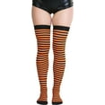 thumbnail image 3 of ToBeInStyle Womens Opaque Hoseiry Thin Striped Thigh High Stocking - Black w/ Neon Orange Stripes - One Size, 3 of 5