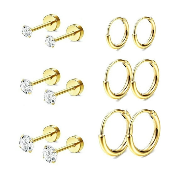 Cterwk 6 Pairs Earrings Set 14K Gold Plated Small Hoop Earrings Flat Back Stud Earrings for Women, Gold