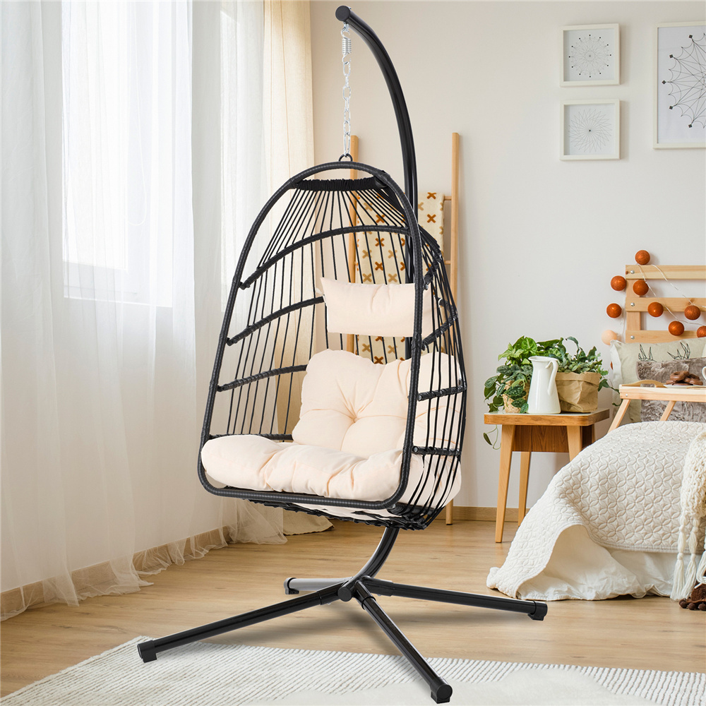 Hanging Wicker Egg Chair, Outdoor Patio Hanging Chairs with Stand, UV Resistant Hammock Chair with Comfortable Beige Cushion, Durable Indoor Swing Egg Chair for Garden, Backyard, 300lbs - image 1 of 10
