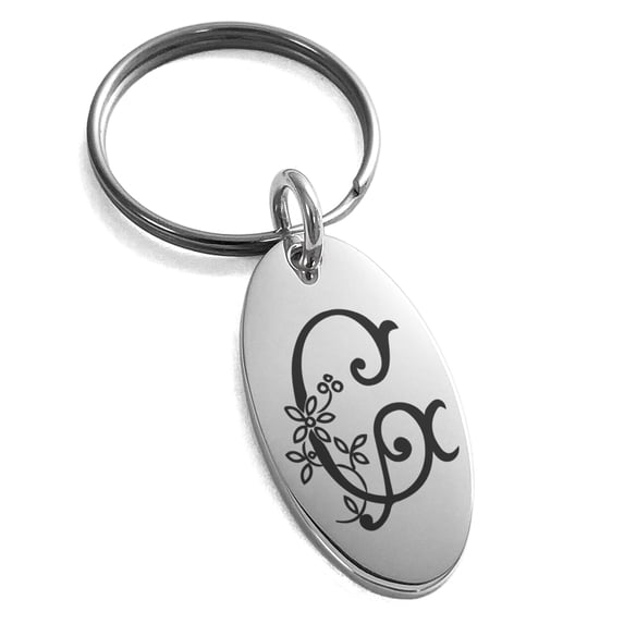 Stainless Steel Letter G Initial Floral Monogram Engraved Small Oval Charm Keychain Keyring