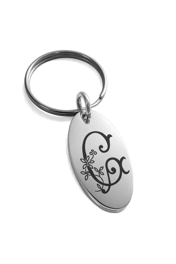 Stainless Steel Letter G Initial Floral Monogram Engraved Small Oval Charm Keychain Keyring