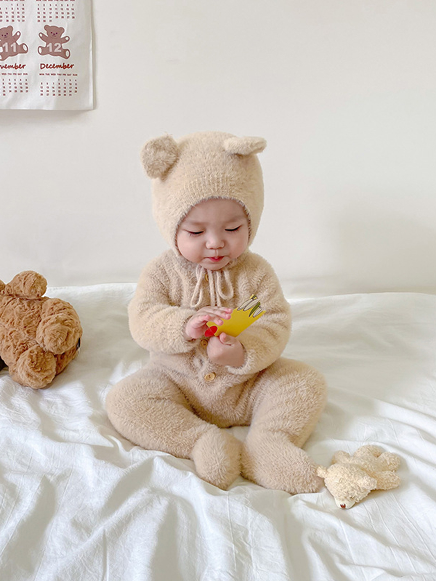 Arvbitana Infant Baby Girl Boy Plush Jumpsuit Long Sleeve Round Neck Button Closure Solid Color Playsuit  + Hat Winter Warm One Pieces Clothes for Infant 2Pcs 0-24M