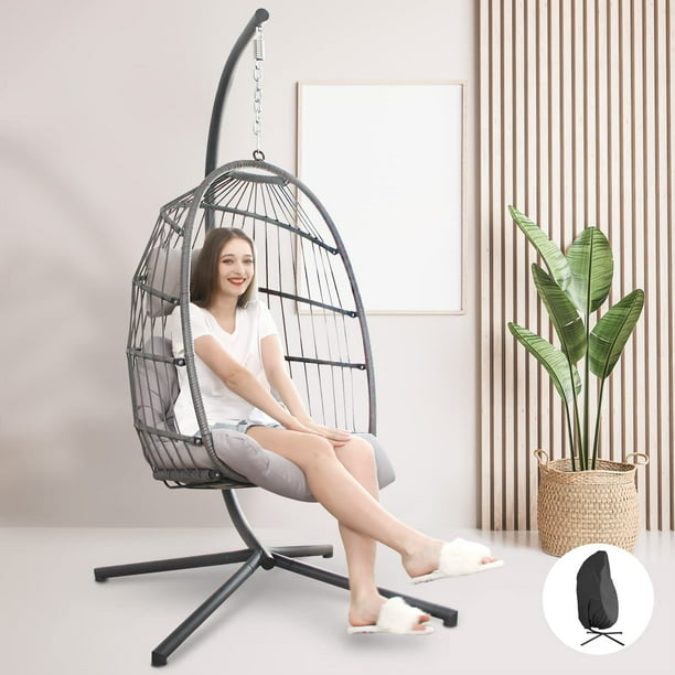 RADIATA Foldable Wicker Rattan Hanging Egg Chair with Stand Swing Chair with Cushion and Pillow Lounging Chair for Indoor Outdoor Bedroom Patio Garden Gary with Cover Walmart