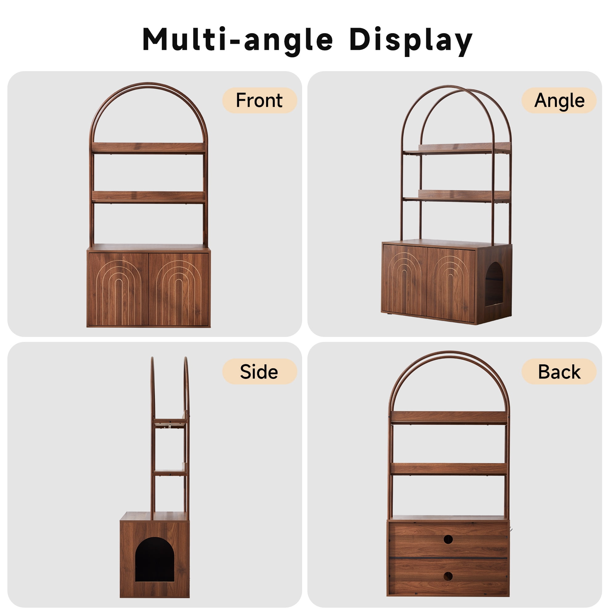 Wirrytor Walnut Cat Litter Box Enclosure With 2-Tier Display Shelves, Hidden Litter Box Furniture With Cat Perch, Modern Arched Pet Cabinet For Home Decor