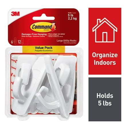 Reusable Adhesive Hooks - 3M Command Large Utility Hooks, White, Organize Damage-Free, 6 Hooks