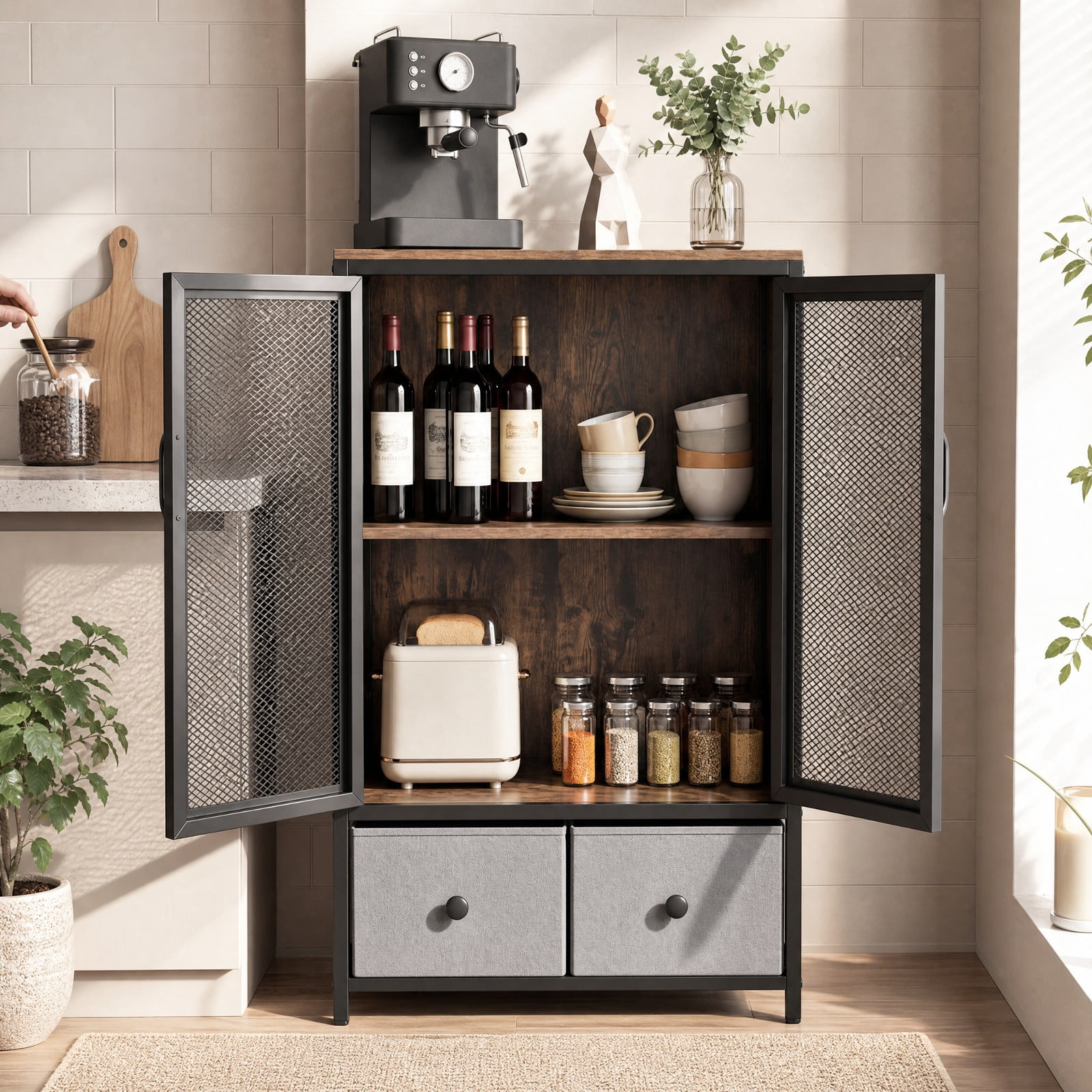 Furnibear Industrial Coffee Bar Cabinet with 2 Tier Open Shelves and 2 Cloth Drawers for Home Kitchen Coffee Station Storage, Rustic Brown
