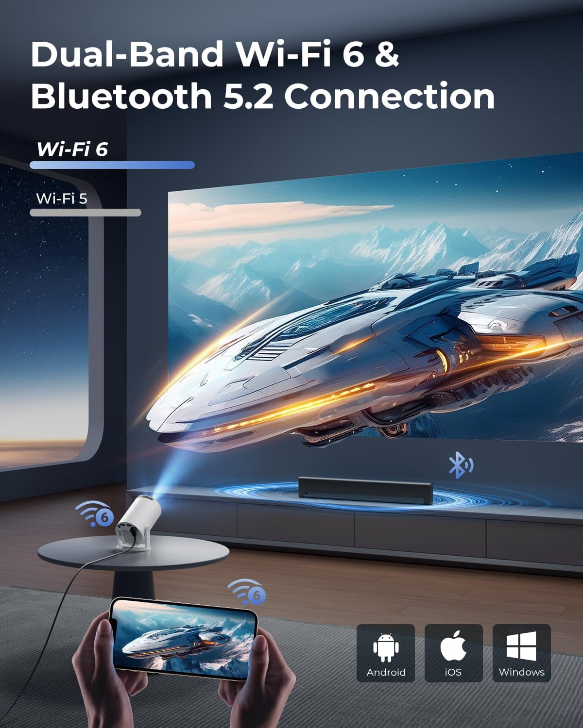 Projector with WiFi  Built-in Apps 180 Rotation Auto  1080P  USB TV Stick Smartphone Laptop Compatible