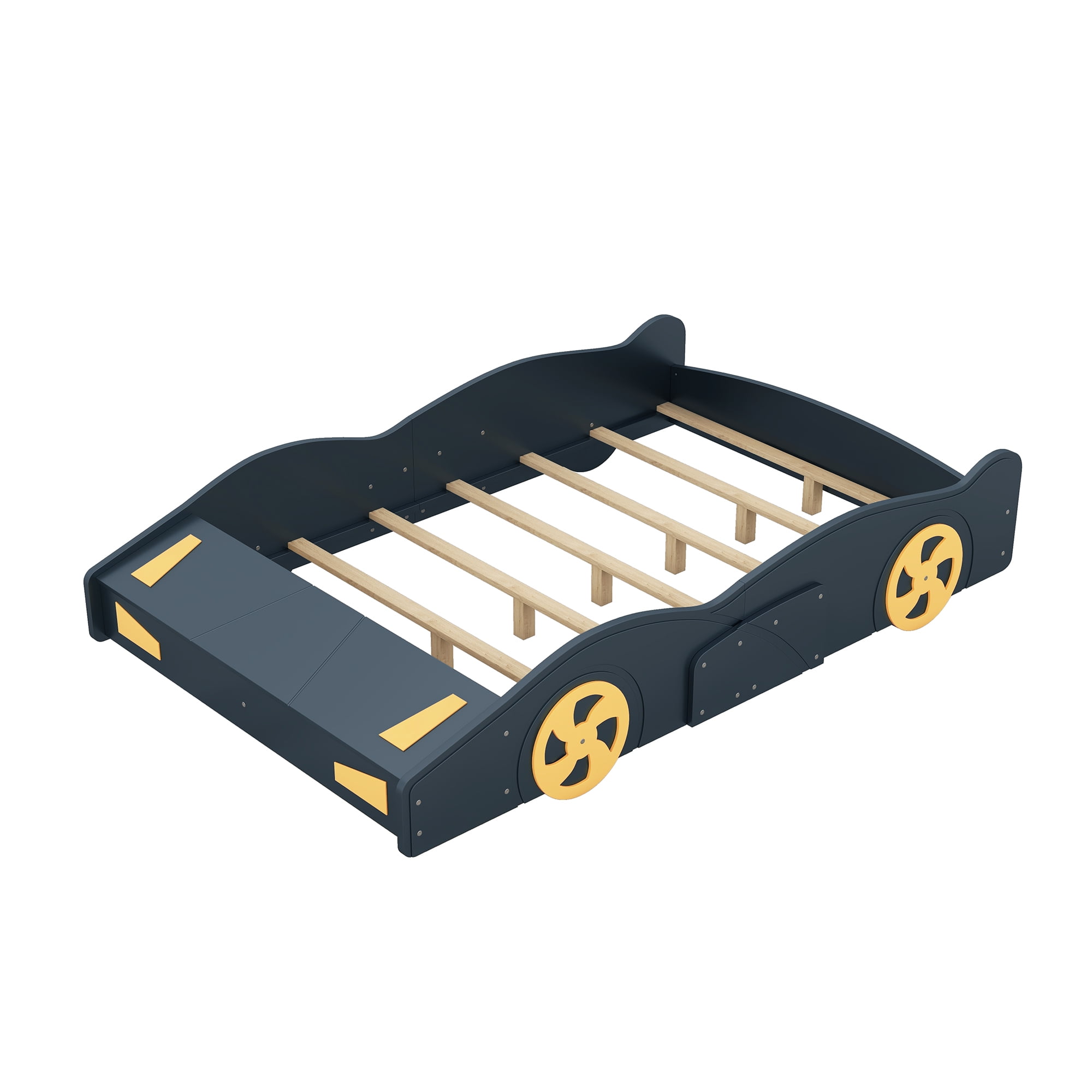 Euroco Wood Full Size Car-Shaped Platform Bed with Tires, Lower Profile Bed with Storage for Bedroom, Blue